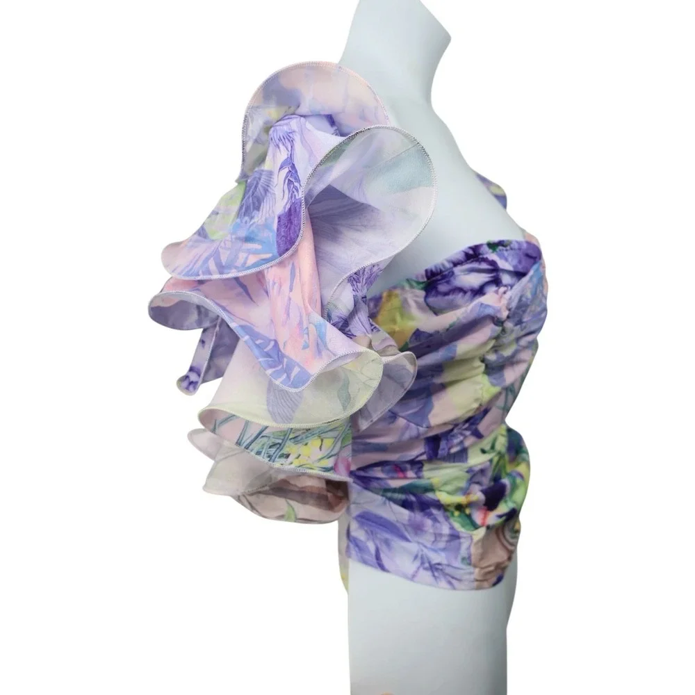 PrettyLittleThing Plus Floral Bardot Crop Top Ruffle Puff Sleeve US 22 NWT - Picture 3 of 6